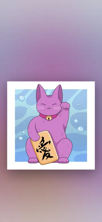 Pelagic Journey phone wallpaper: A purple lucky cat holding a gold tile with the kanji for love, on a blue underwater background with rising bubbles