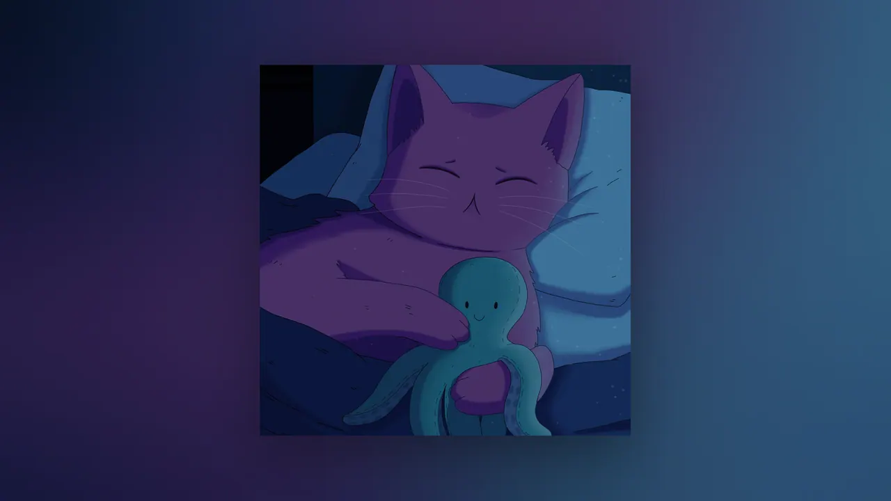 Please Hold Me desktop wallpaper by Purrple Cat: A purple cat asleep in bed under a blue blanket, hugging a smiling teal octopus plush