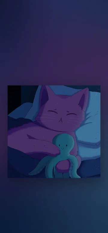 Please Hold Me phone wallpaper: A purple cat asleep in bed under a blue blanket, hugging a smiling teal octopus plush