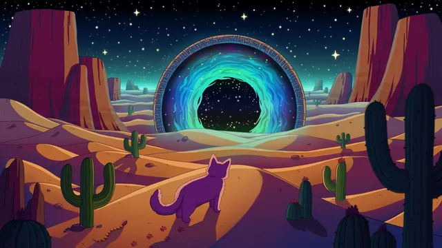 Sands of Time desktop wallpaper: A purple cat walking over orange desert dunes with saguaro cacti toward a glowing blue-ringed stone portal under a starry sky
