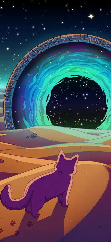 Sands of Time phone wallpaper: A purple cat walking over orange desert dunes with saguaro cacti toward a glowing blue-ringed stone portal under a starry sky