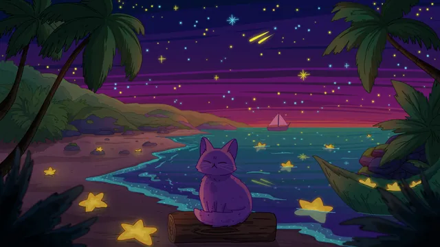 Sea of Stars 2 desktop wallpaper: A purple cat on a driftwood log on a tropical beach at night, glowing starfish on the sand, palm fronds and a distant sailboat under a magenta sky