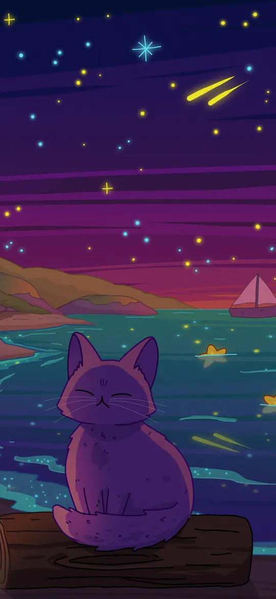 Sea of Stars 2 phone wallpaper by Purrple Cat: A purple cat on a driftwood log on a tropical beach at night, glowing starfish on the sand, palm fronds and a distant sailboat under a magenta sky