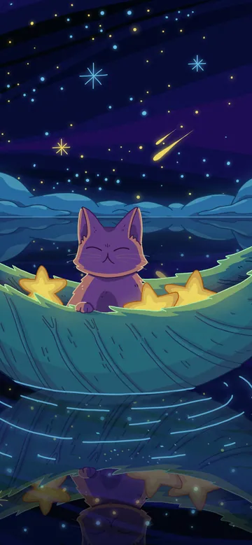 Sea of Stars phone wallpaper: A purple cat in a leaf-shaped boat holding stars, floating on a reflective sea scattered with glowing yellow stars and swirling blue clouds