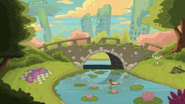 Signs of Life desktop wallpaper: A purple cat napping on a checkered picnic blanket by a stone bridge and lily-pad pond, overgrown skyscrapers in soft pastel greens behind