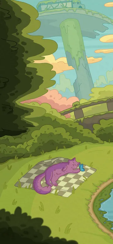 Signs of Life phone wallpaper: A purple cat napping on a checkered picnic blanket by a stone bridge and lily-pad pond, overgrown skyscrapers in soft pastel greens behind