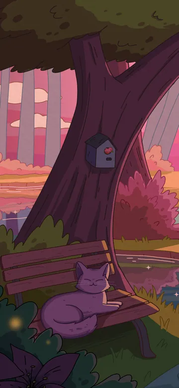 Tranquil Trails phone wallpaper: A purple cat resting on a park bench under big trees by a winding path, a birdhouse and fireflies in peach sunset light