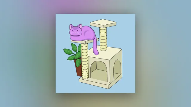 Up All Night desktop wallpaper: A purple cat asleep on top of a cream cat tree next to a leafy potted plant, on a plain sky-blue background