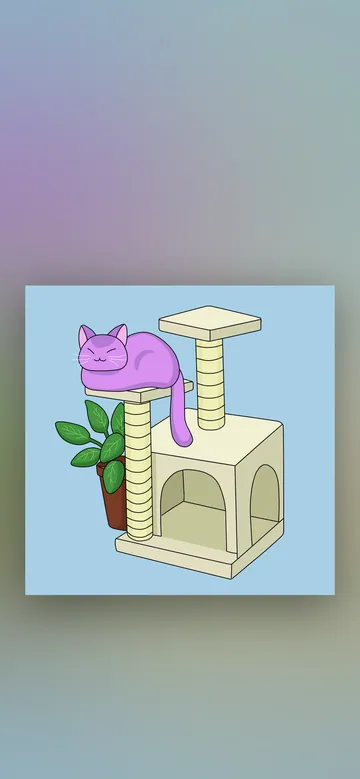 Up All Night phone wallpaper: A purple cat asleep on top of a cream cat tree next to a leafy potted plant, on a plain sky-blue background