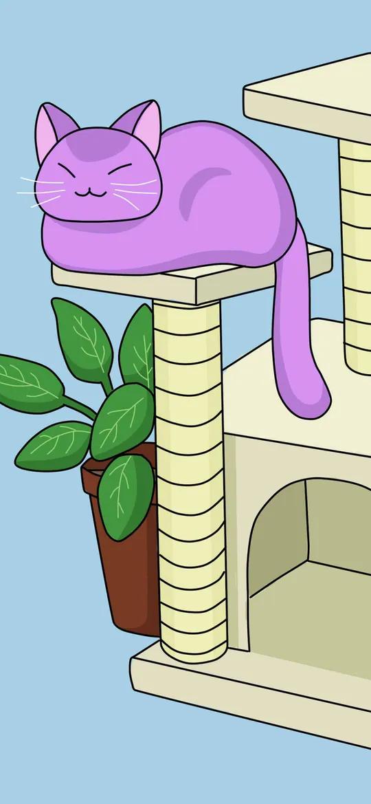 Up All Night phone wallpaper by Purrple Cat: A purple cat asleep on top of a cream cat tree next to a leafy potted plant, on a plain sky-blue background