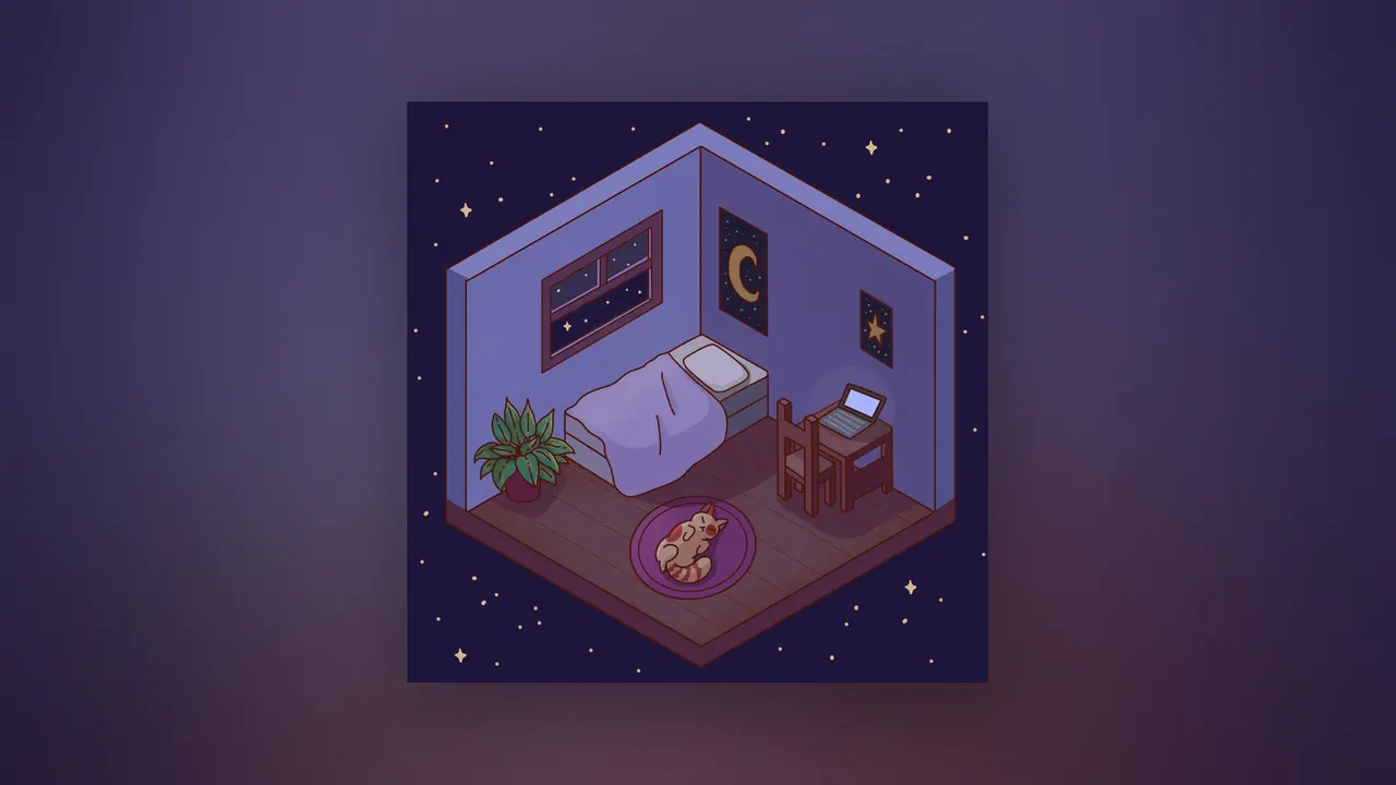Whispers in the Dark desktop wallpaper by Purrple Cat: An isometric cozy bedroom floating in a starry sky: bed, desk with a laptop, moon and star posters, and a cat asleep on a round rug