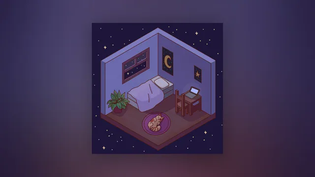 Whispers in the Dark desktop wallpaper: An isometric cozy bedroom floating in a starry sky: bed, desk with a laptop, moon and star posters, and a cat asleep on a round rug