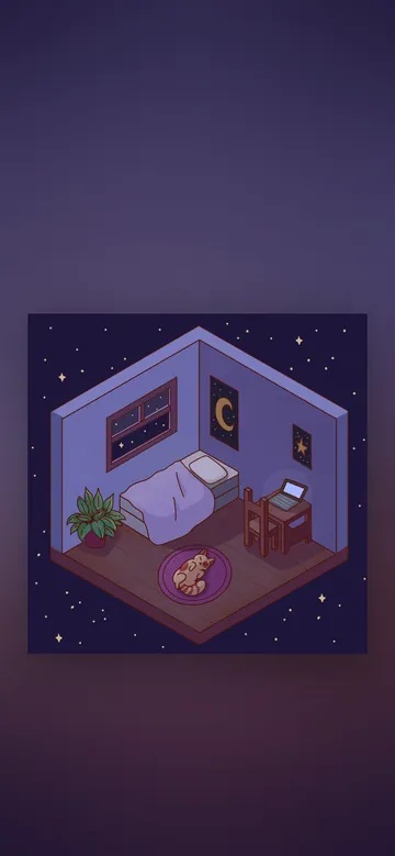 Whispers in the Dark phone wallpaper: An isometric cozy bedroom floating in a starry sky: bed, desk with a laptop, moon and star posters, and a cat asleep on a round rug